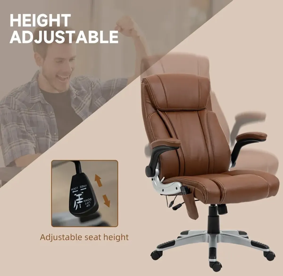 Brown Faux Leather Heated Chair: 6 Vibration Points, Flip-up Armrest