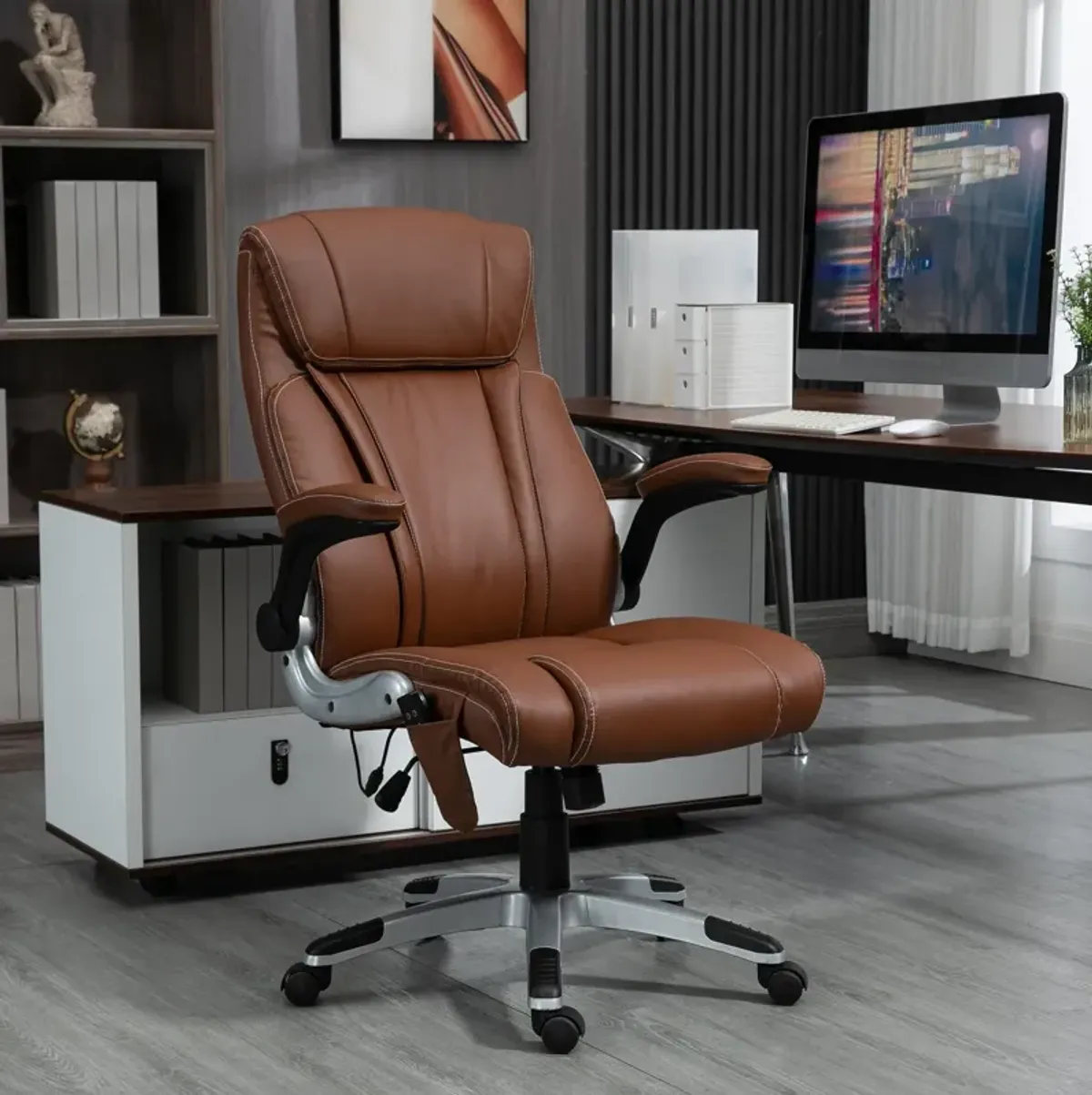 Brown Faux Leather Heated Chair: 6 Vibration Points, Flip-up Armrest