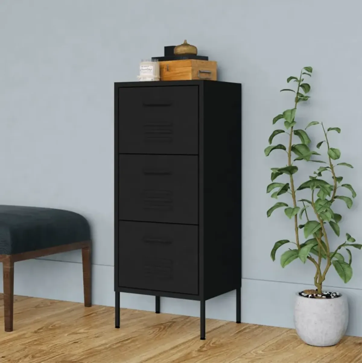 vidaXL Steel Storage Cabinet, Adjustable Height, Fully Extendable Drawers, Black, 16.7"x13.8"x40", Industrial Style, Heavy-Duty