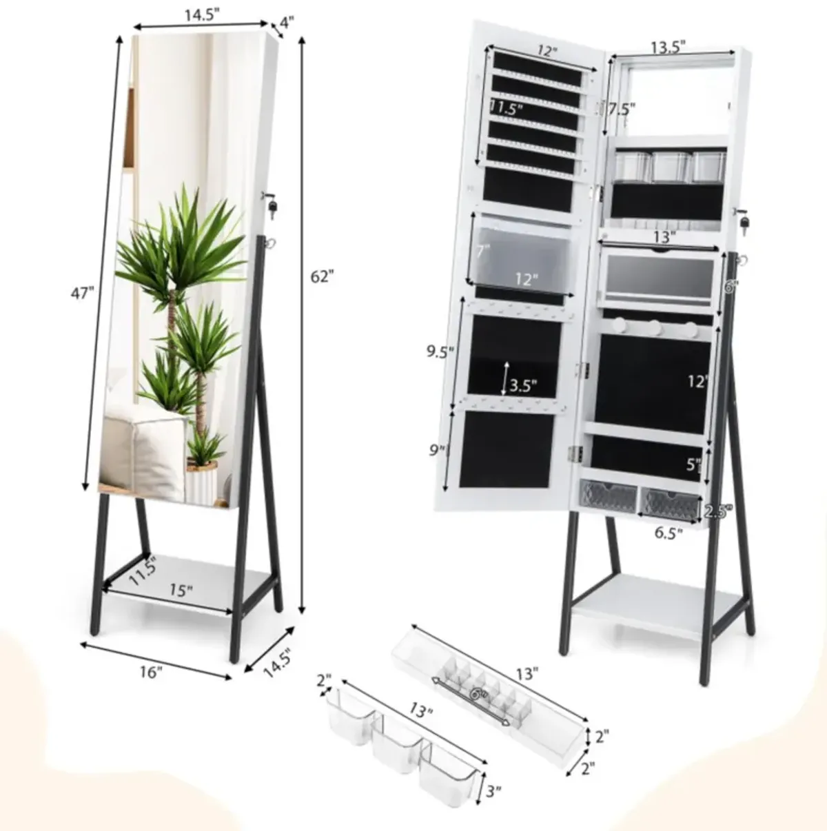 Hivvago Freestanding Jewelry Cabinet with Full-Length Mirror