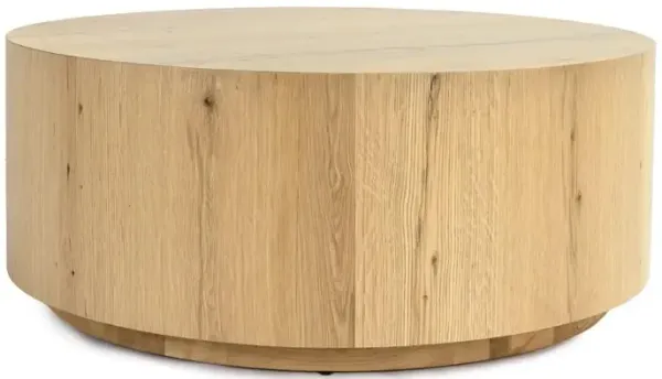 Benjara Cecil 42 Inch Coffee Table, Round Oak Veneer, Plinth Base, Natural Light Brown