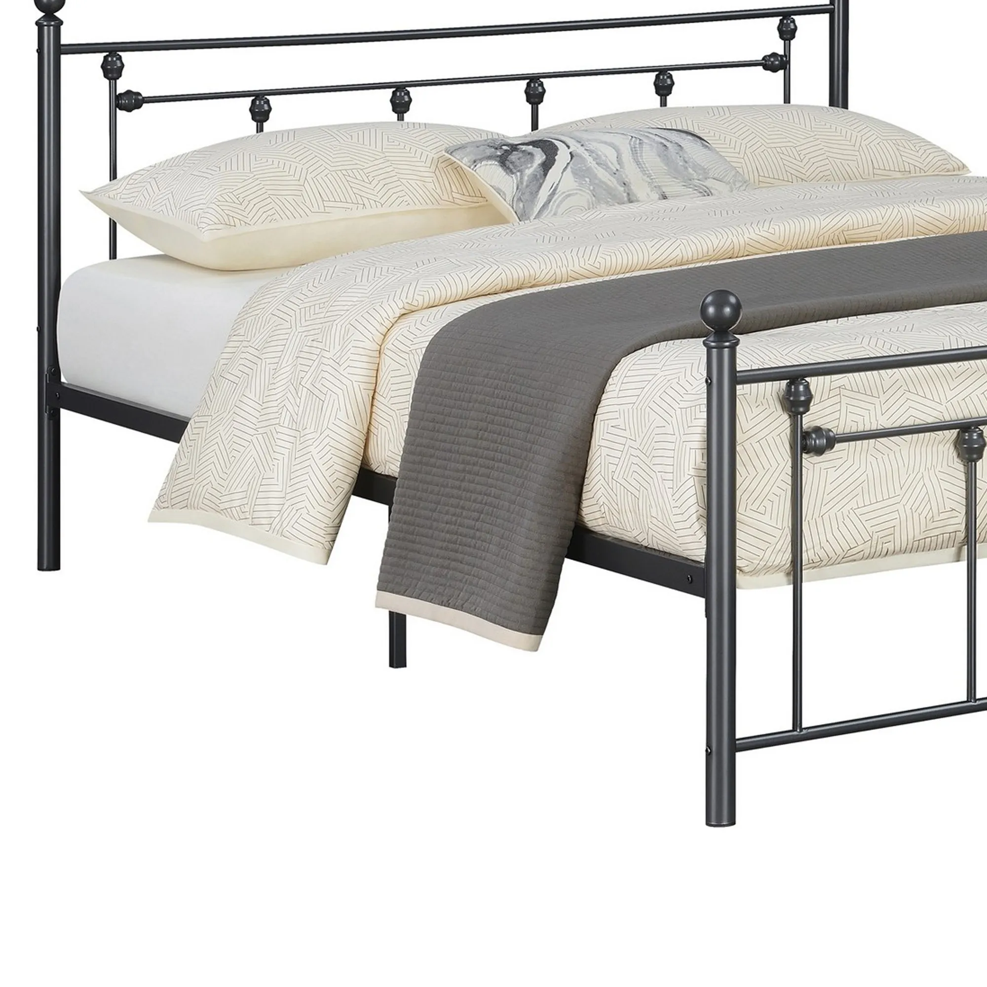 Olly Modern Queen Size Bed, Heavy Steel Metal Frame, Slatted, Matte Black - Benzara