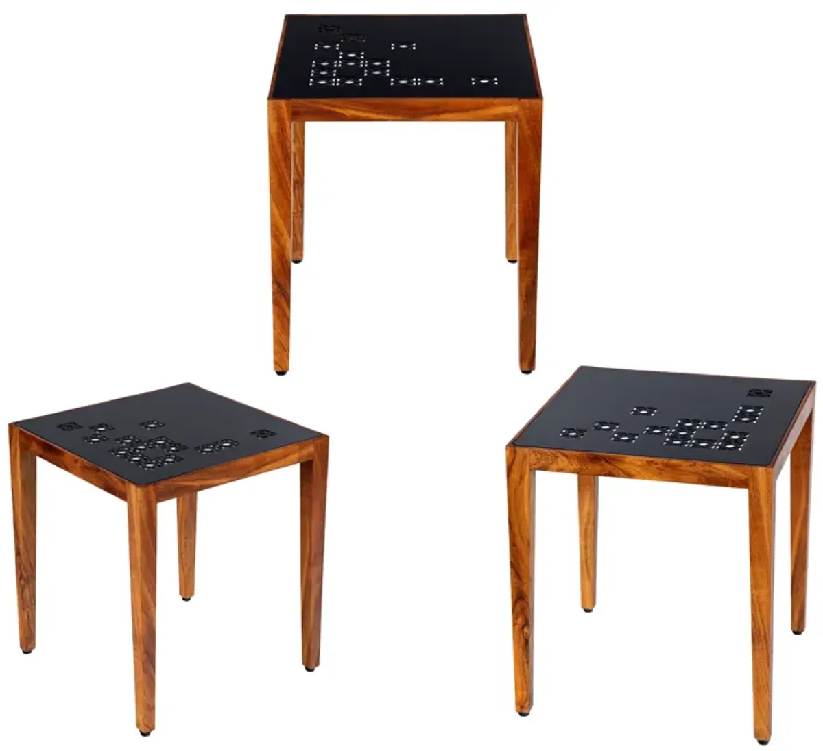 Alba 22 Inch 3 Piece Nesting Table Set, Laser Cut Metal, Black, Brown-Benzara