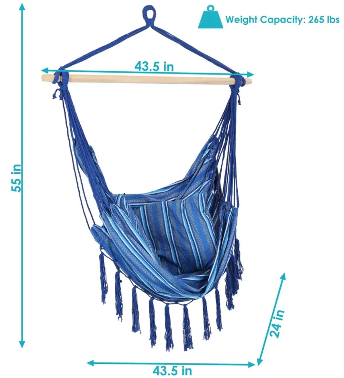 Sunnydaze Polyester Hammock Chair with Cushions and Fringe - Blue Stripes