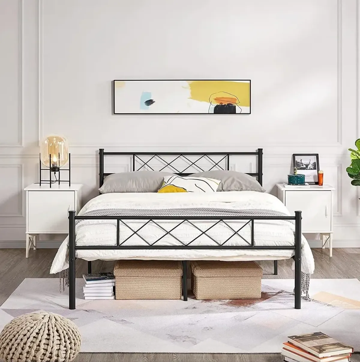 Hivvago Queen Size Traditional Powder Coated Slatted Metal Platform Bed