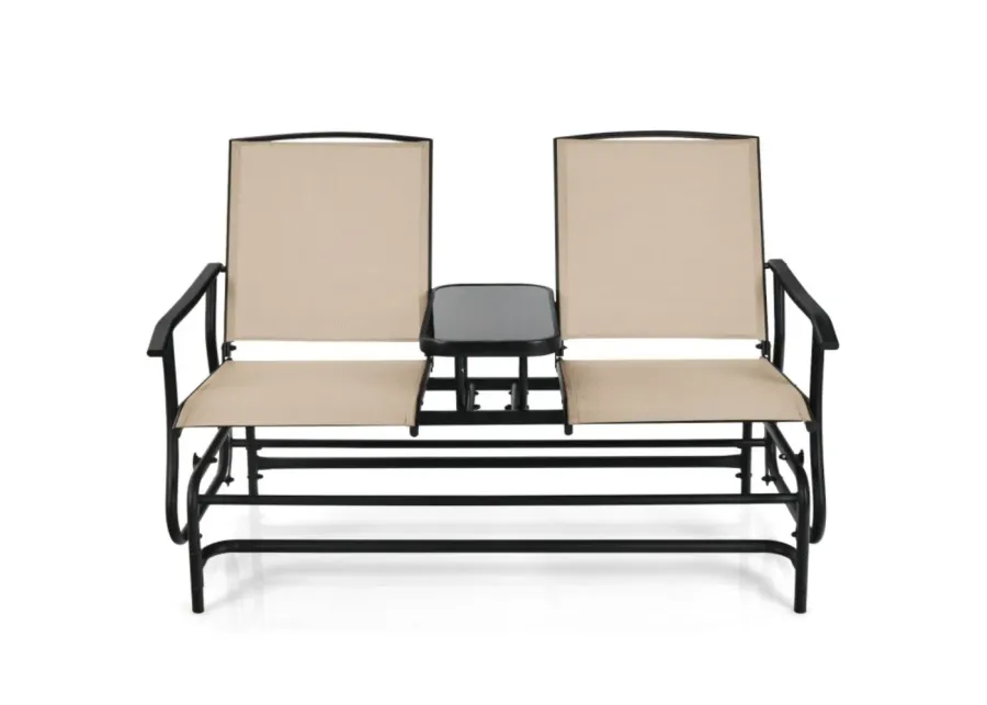 2-Person Double Rocking Loveseat with Mesh Fabric and Center Tempered Glass Table - Beige