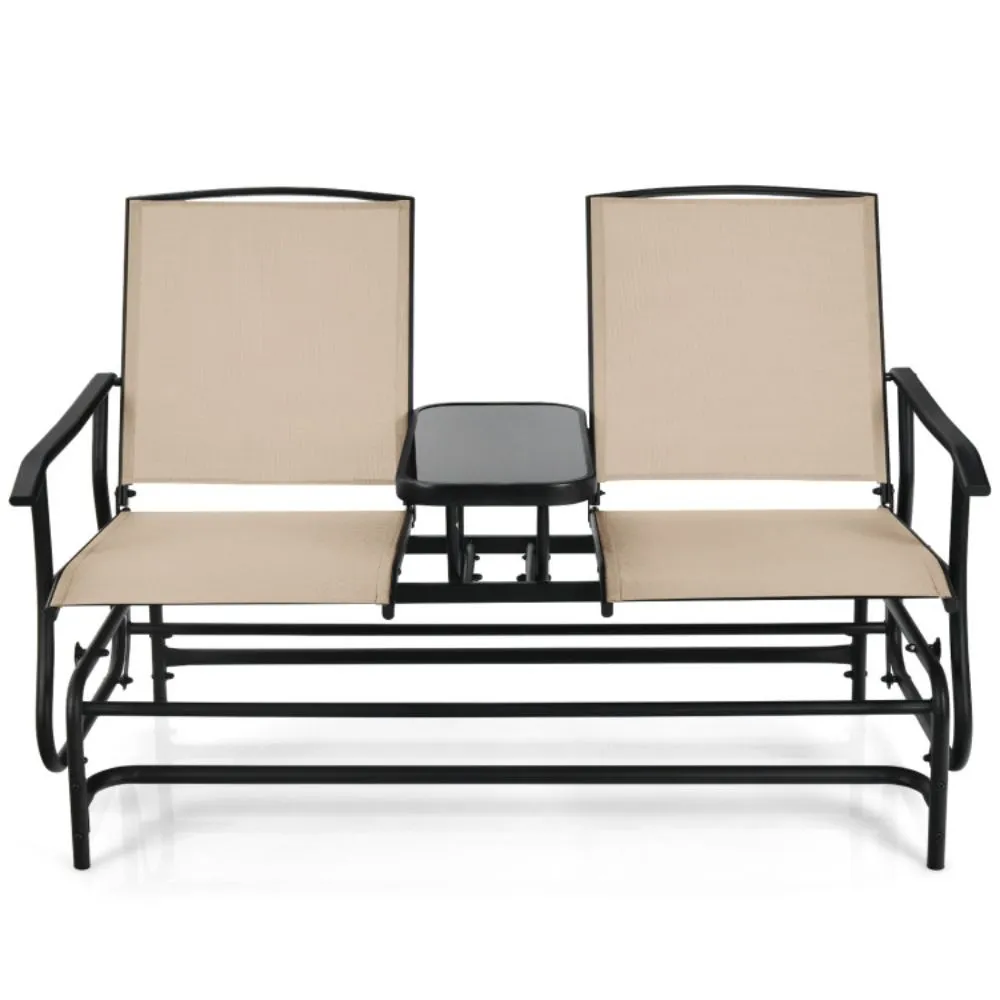 2-Person Double Rocking Loveseat with Mesh Fabric and Center Tempered Glass Table - Beige