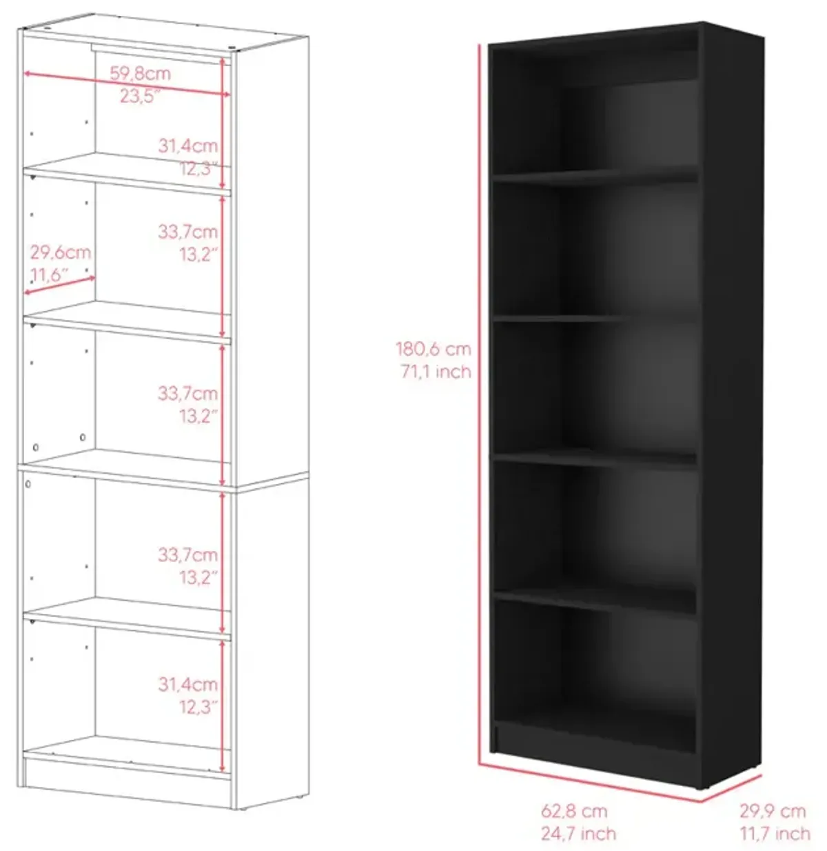 Bookcase 4-Shelves Benzoni, Office, Black