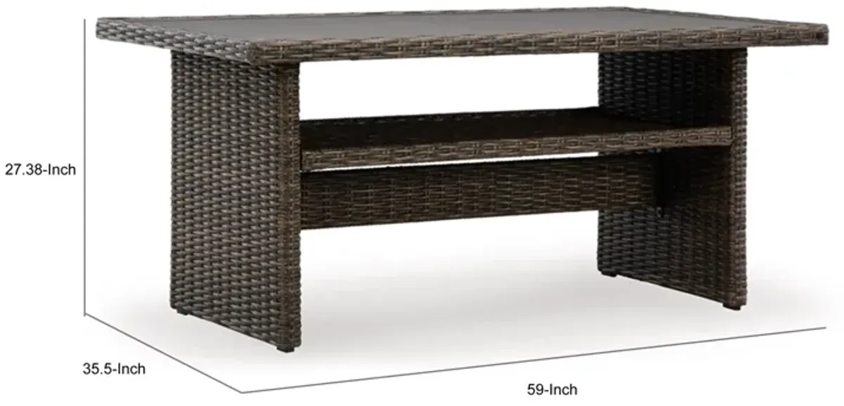 Soha 59 Inch Outdoor Multi Use Dining Table, Resin Wicker with Shelf, Brown - Benzara