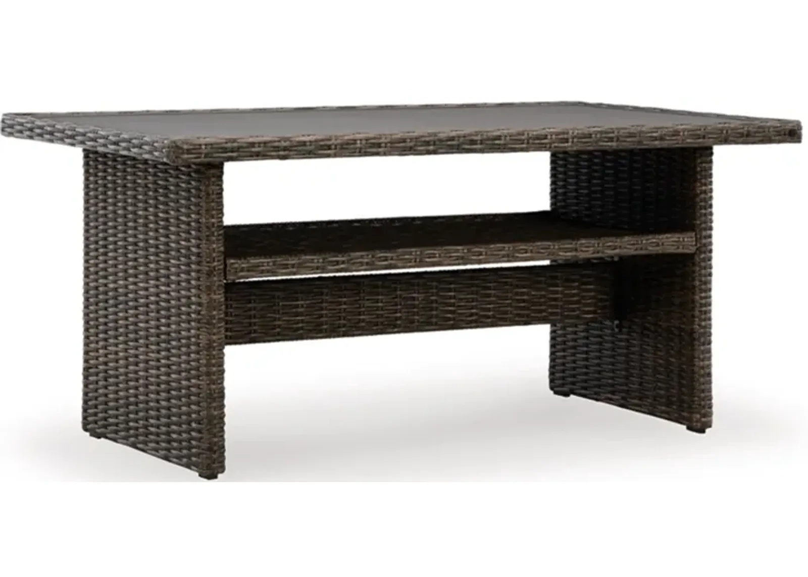 Soha 59 Inch Outdoor Multi Use Dining Table, Resin Wicker with Shelf, Brown - Benzara