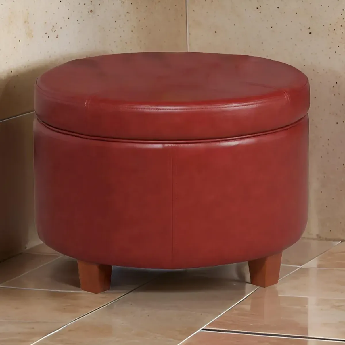 Leatherette Upholstered Wooden Ottoman with Single Button Tufted Lift Top Storage, Red, Large - Benzara