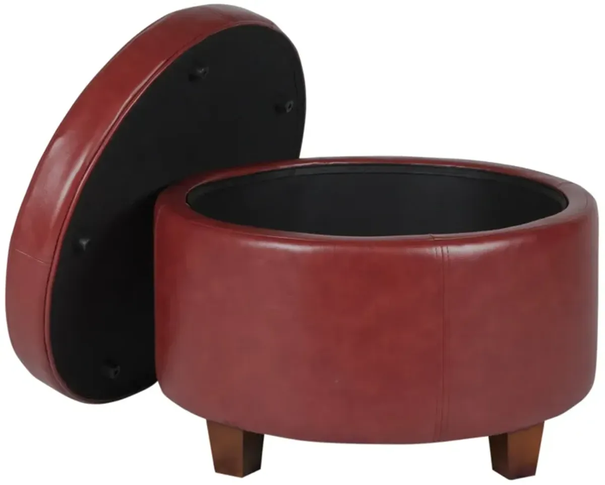 Leatherette Upholstered Wooden Ottoman with Single Button Tufted Lift Top Storage, Red, Large - Benzara