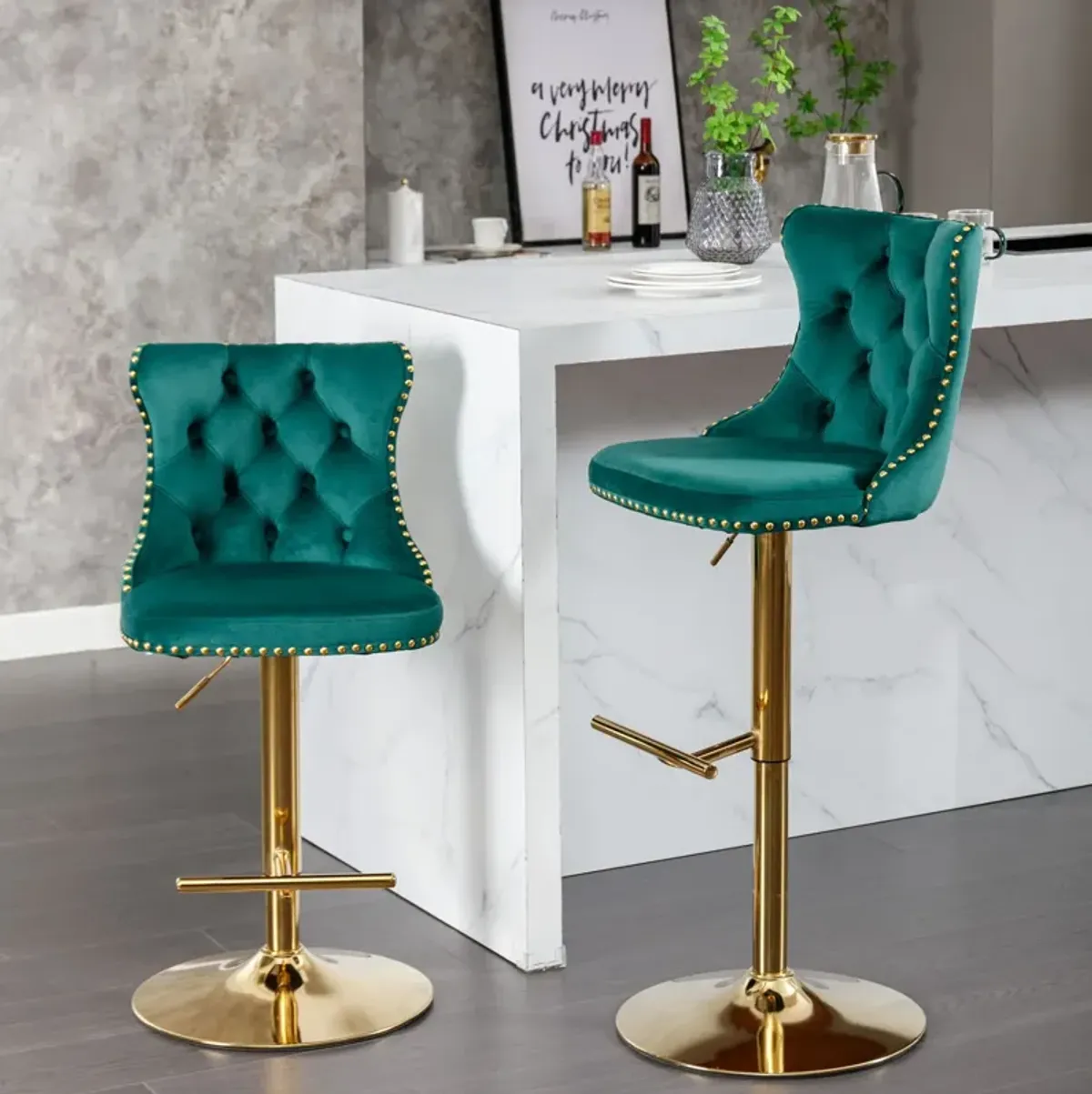 Hivvago Set of 2 Modern Upholstered Tufted Velvet Armless Bar Stools with Gold Details