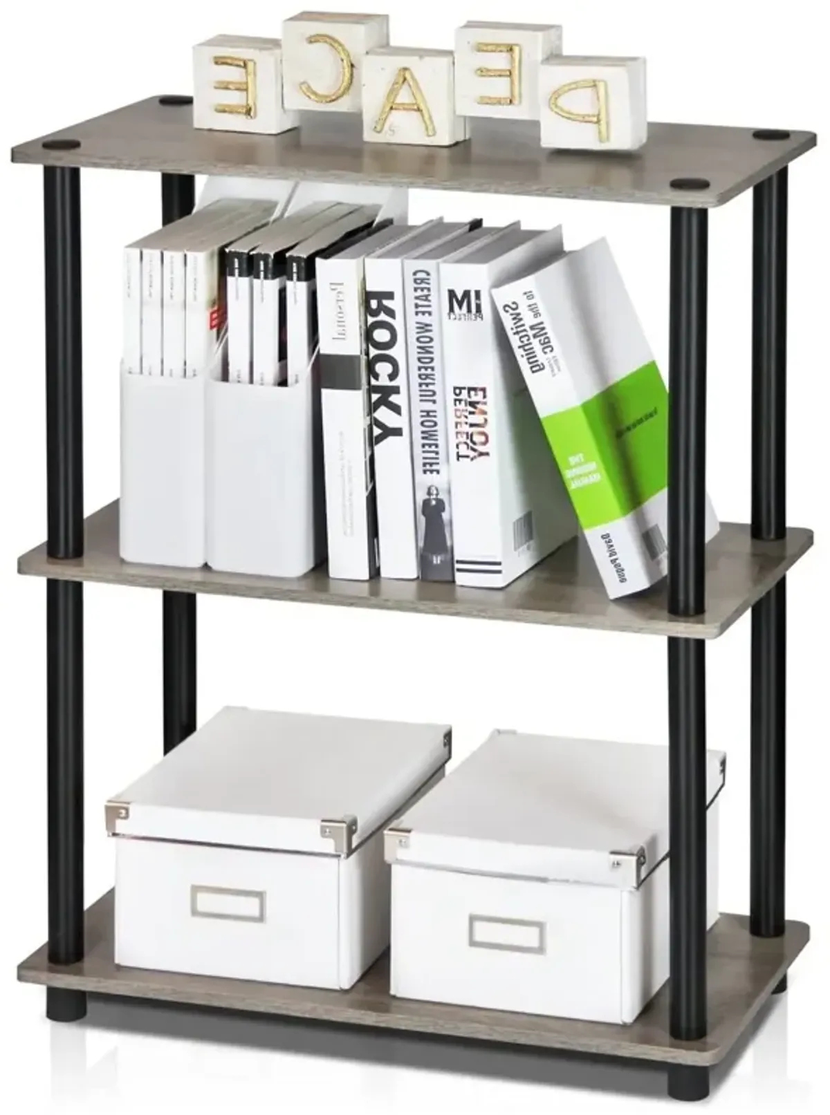 Hivvago Gray Oak and Black Finish 3-Tier Bookcase