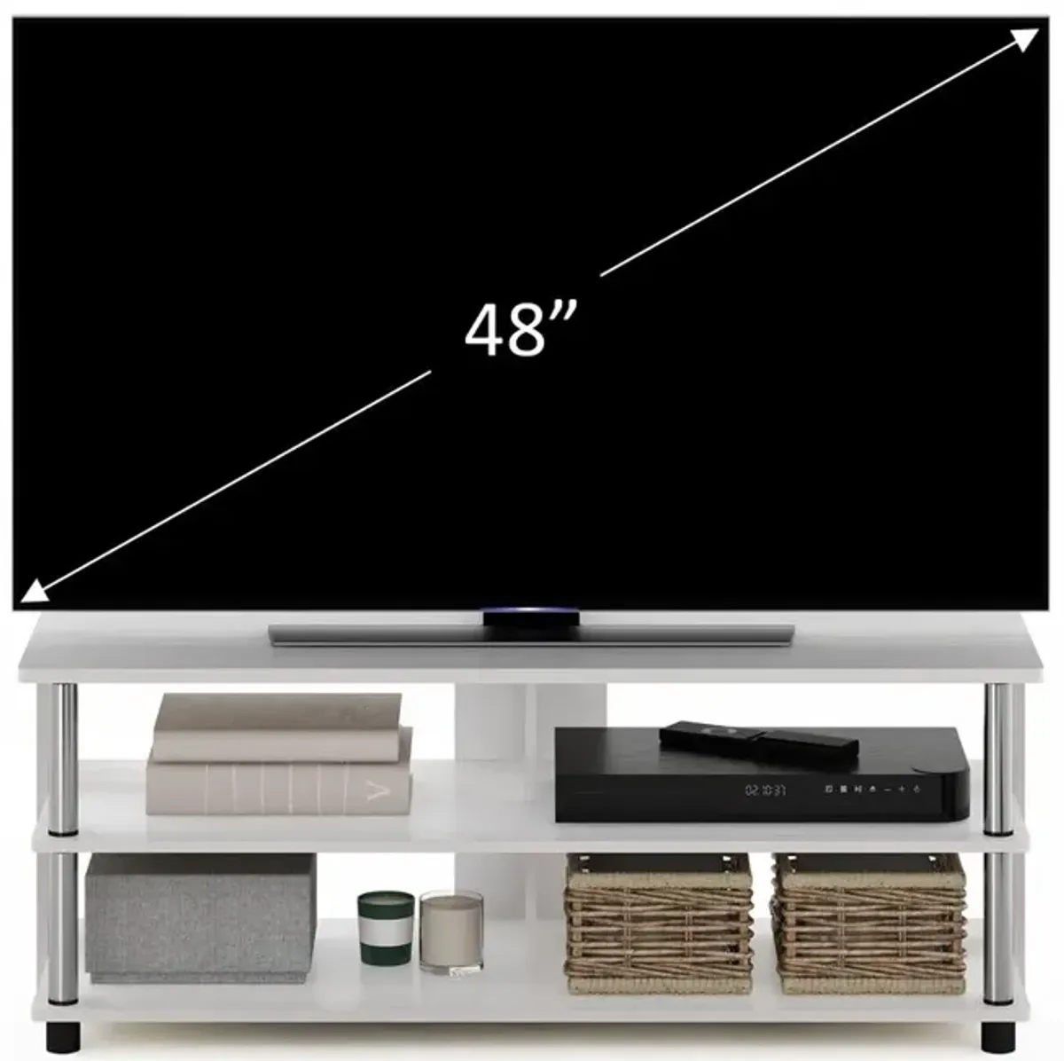 Furinno Sully 3-Tier TV Stand for TV up to 48, White Oak, Stainless Steel Tubes