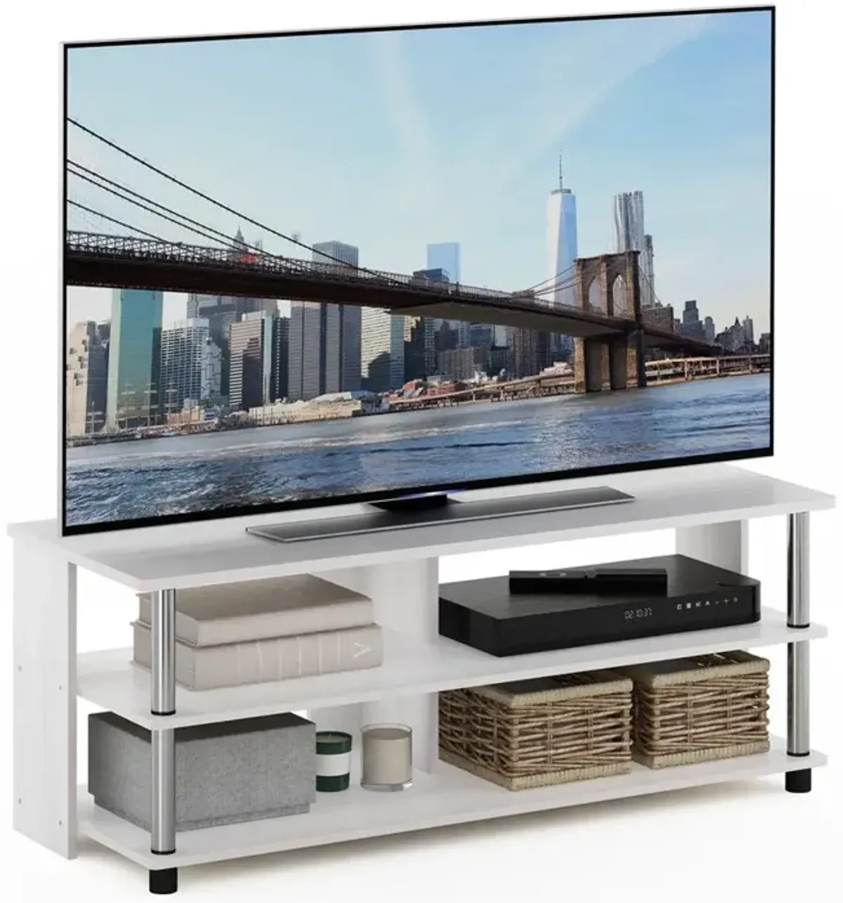 Furinno Sully 3-Tier TV Stand for TV up to 48, White Oak, Stainless Steel Tubes