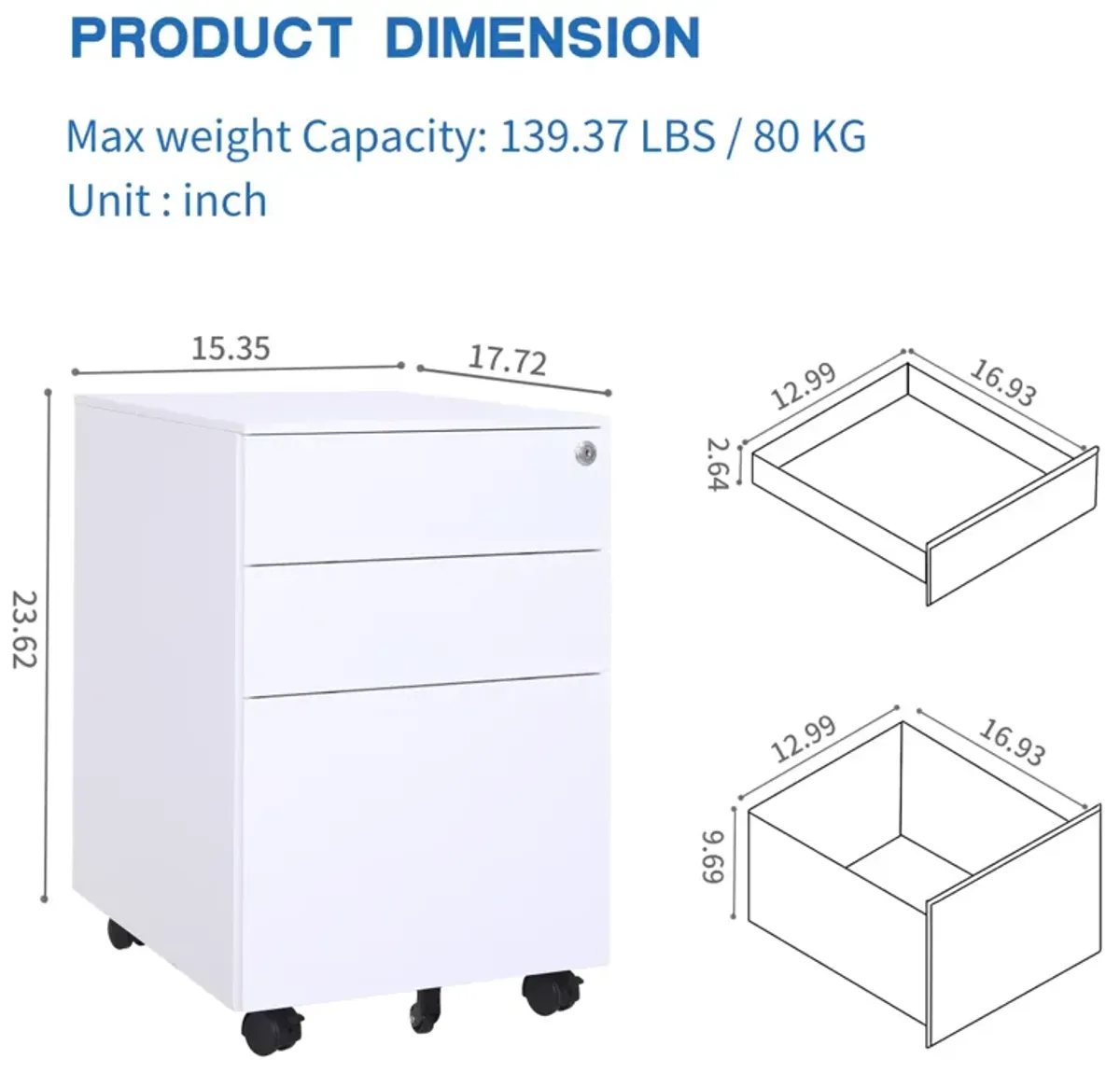 Steel File Cabinet with Lock and Wheels for Legal/Letter Size