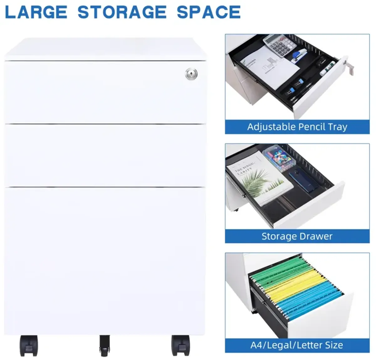 Steel File Cabinet with Lock and Wheels for Legal/Letter Size