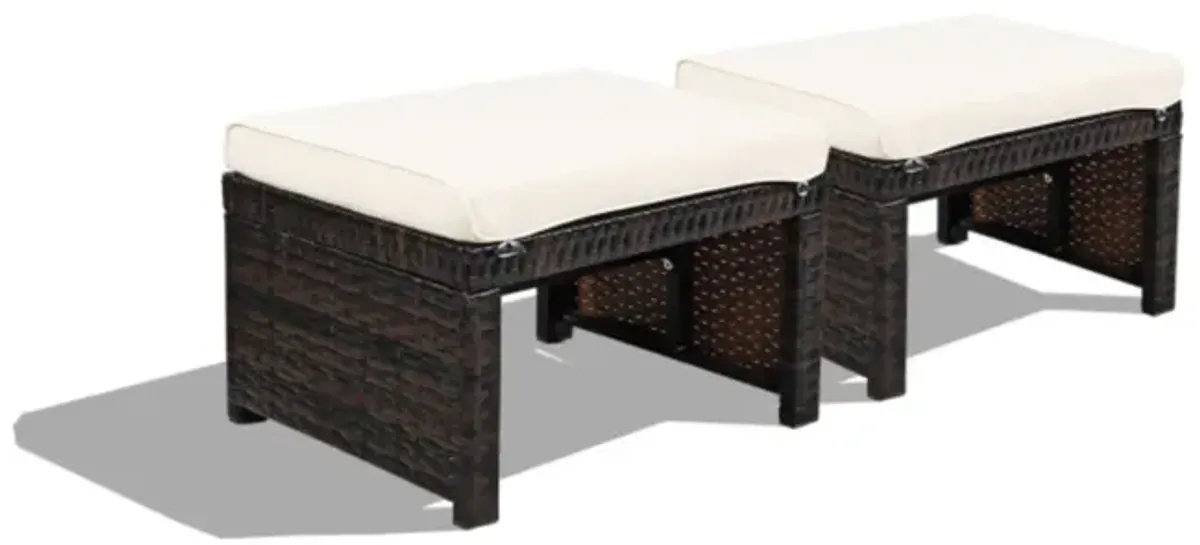 Hivvago 2 Pieces Patio Rattan Ottomans with Soft Cushion for Patio and Garden