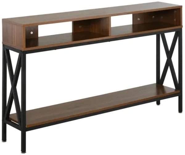 Walnut/Black Entryway Table: Industrial Console with Shelf, Drawers, Adjustable Foot Pad