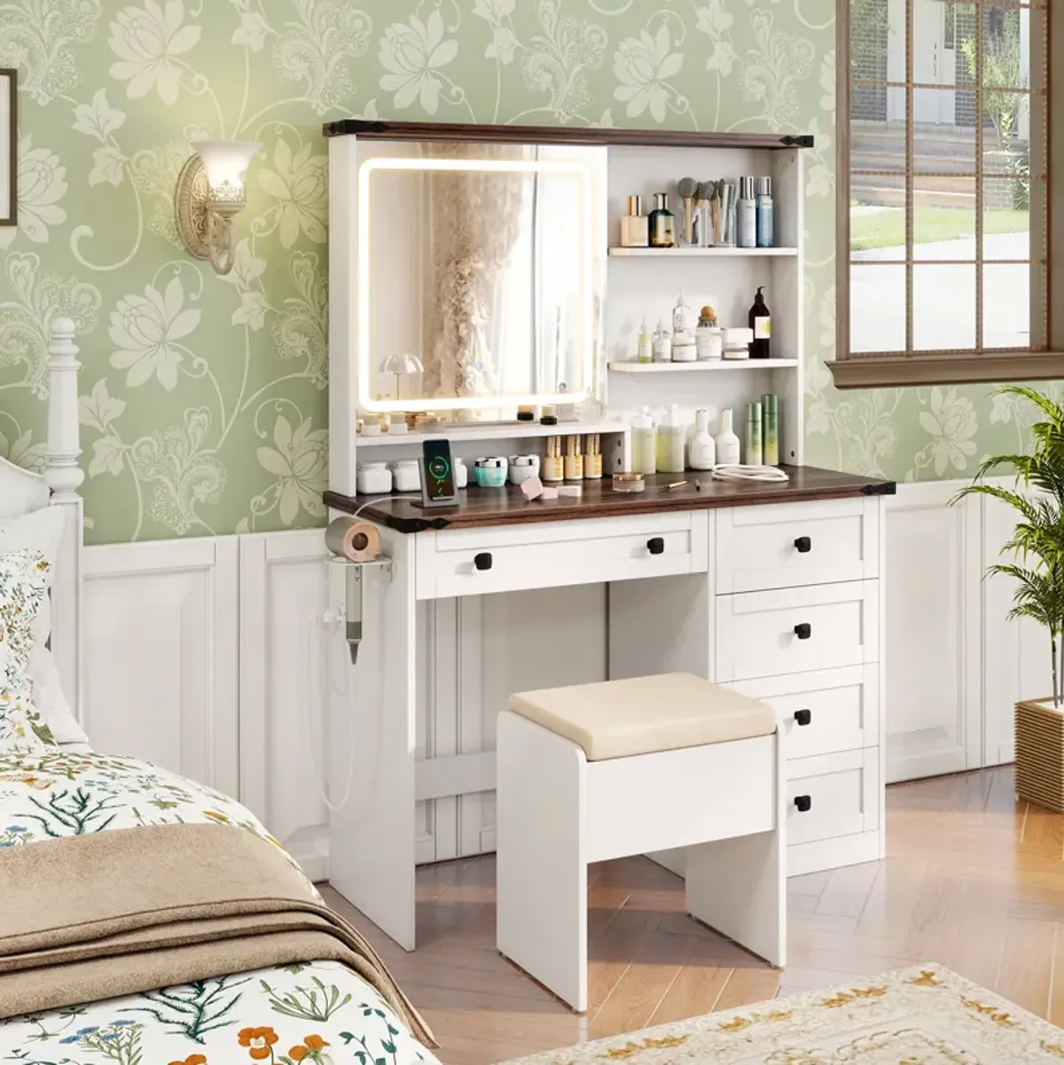 Farmhouse Vanity Set with Mirror and 3-Color Lighting