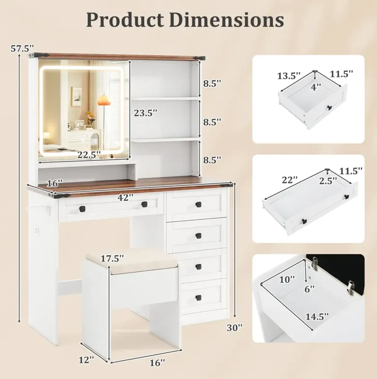 Farmhouse Vanity Set with Mirror and 3-Color Lighting