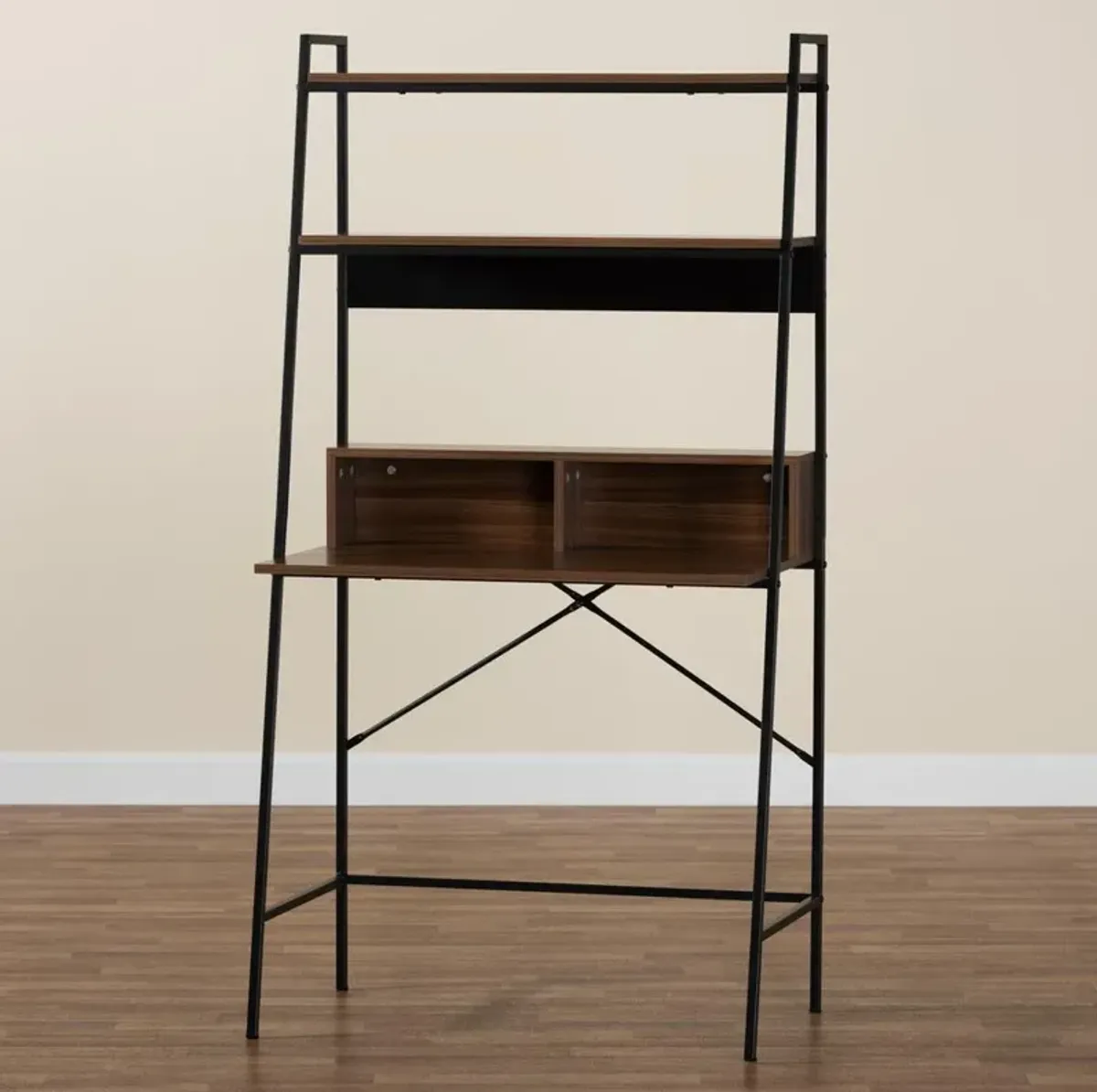 Industrial Walnut Brown Finished Wood and Black Metal Desk with Shelves