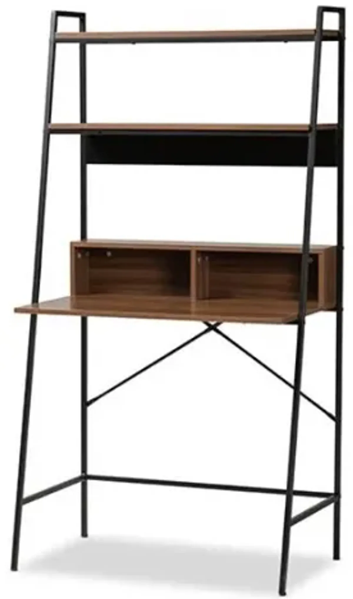 Industrial Walnut Brown Finished Wood and Black Metal Desk with Shelves