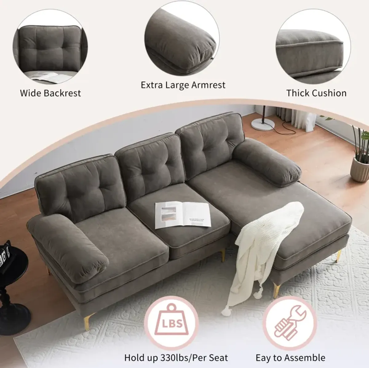 83" Modern Sectional Sofas Couches Velvet L Shaped Couches For Living Room, Bedroom, Brown