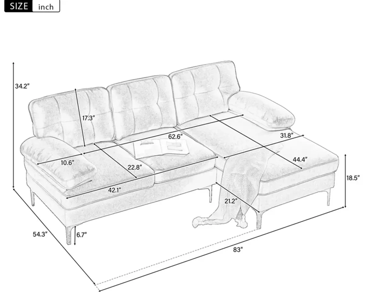 83" Modern Sectional Sofas Couches Velvet L Shaped Couches For Living Room, Bedroom, Brown