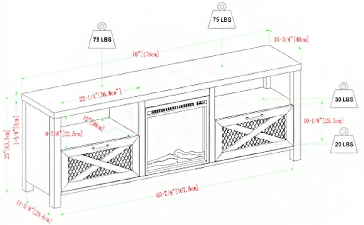 "Rustic Oak Industrial Farmhouse TV Stand with Mesh Drop-Down X-Door, Fireplace Design, Fits 80-inch TVs, 70-inch Width"