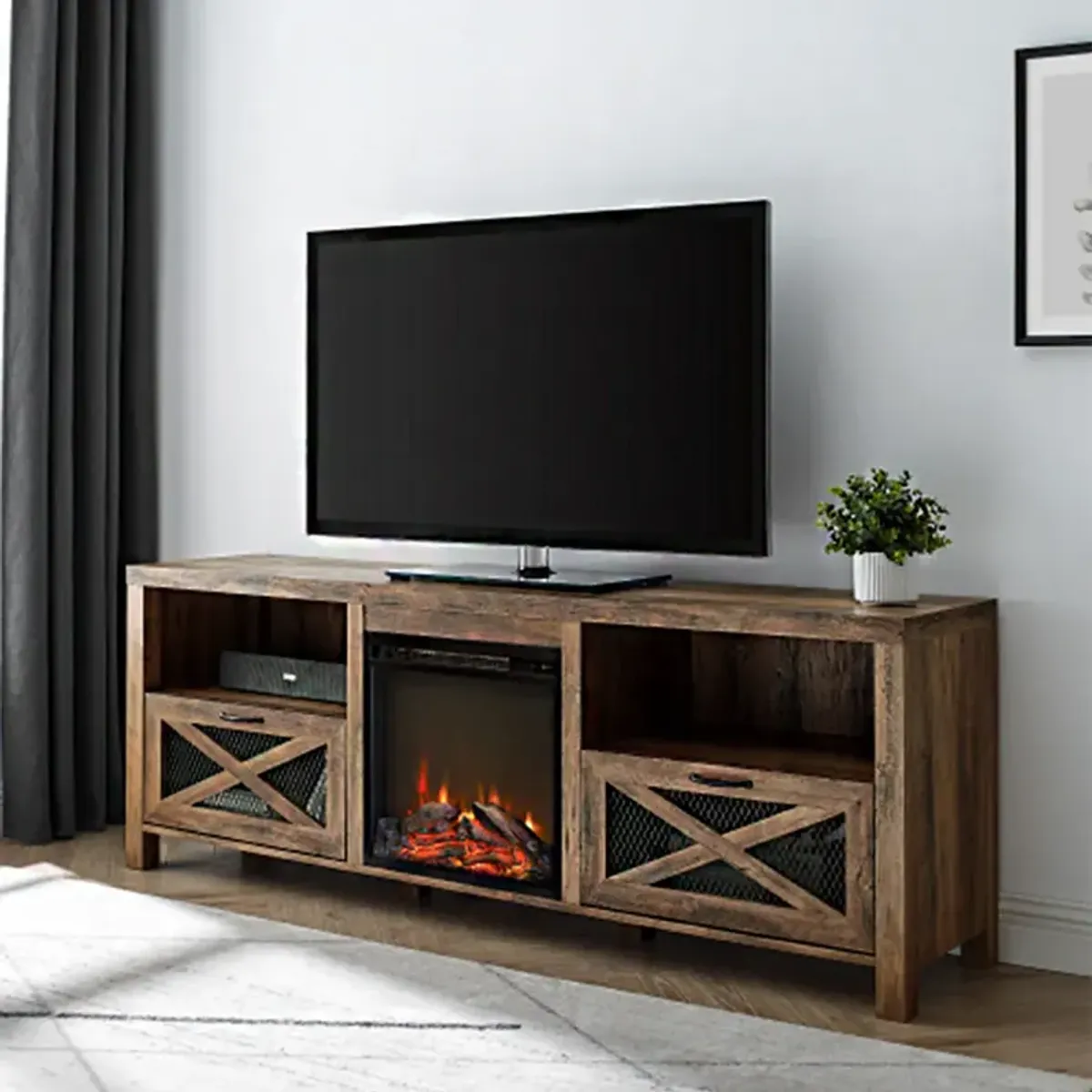 "Rustic Oak Industrial Farmhouse TV Stand with Mesh Drop-Down X-Door, Fireplace Design, Fits 80-inch TVs, 70-inch Width"