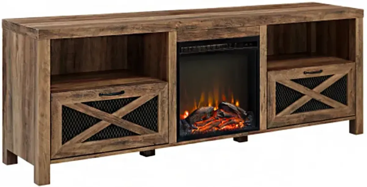 "Rustic Oak Industrial Farmhouse TV Stand with Mesh Drop-Down X-Door, Fireplace Design, Fits 80-inch TVs, 70-inch Width"