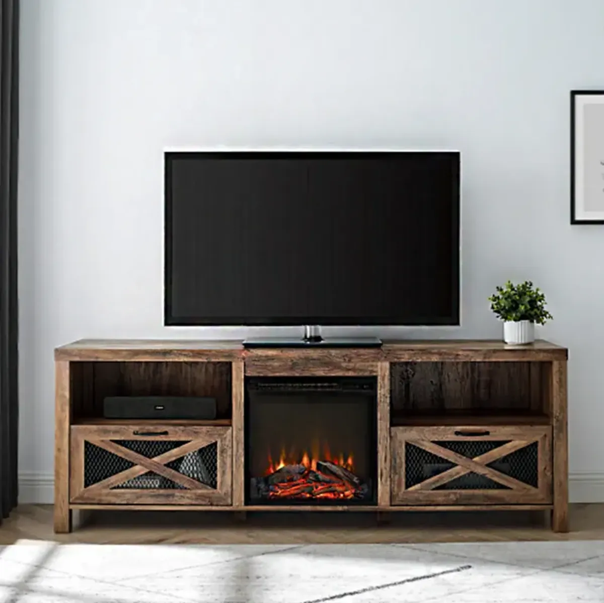 "Rustic Oak Industrial Farmhouse TV Stand with Mesh Drop-Down X-Door, Fireplace Design, Fits 80-inch TVs, 70-inch Width"