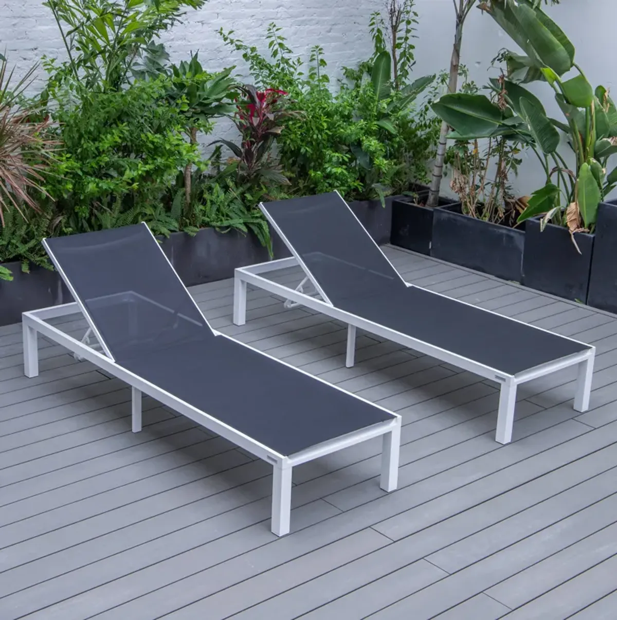 LeisureMod Marlin Patio Chaise Lounge Chair With White Aluminum Frame, Set of 2 in Navy Blue