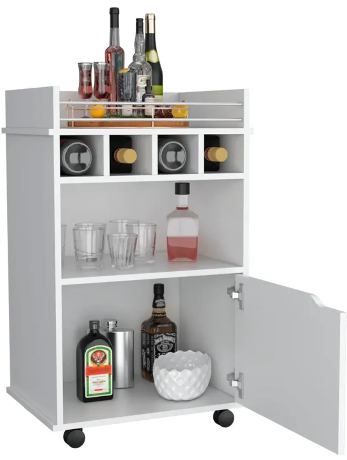 Phoenix Bar Cart with 2 Open Shelves  4 Wine Cubbies and Cabinet