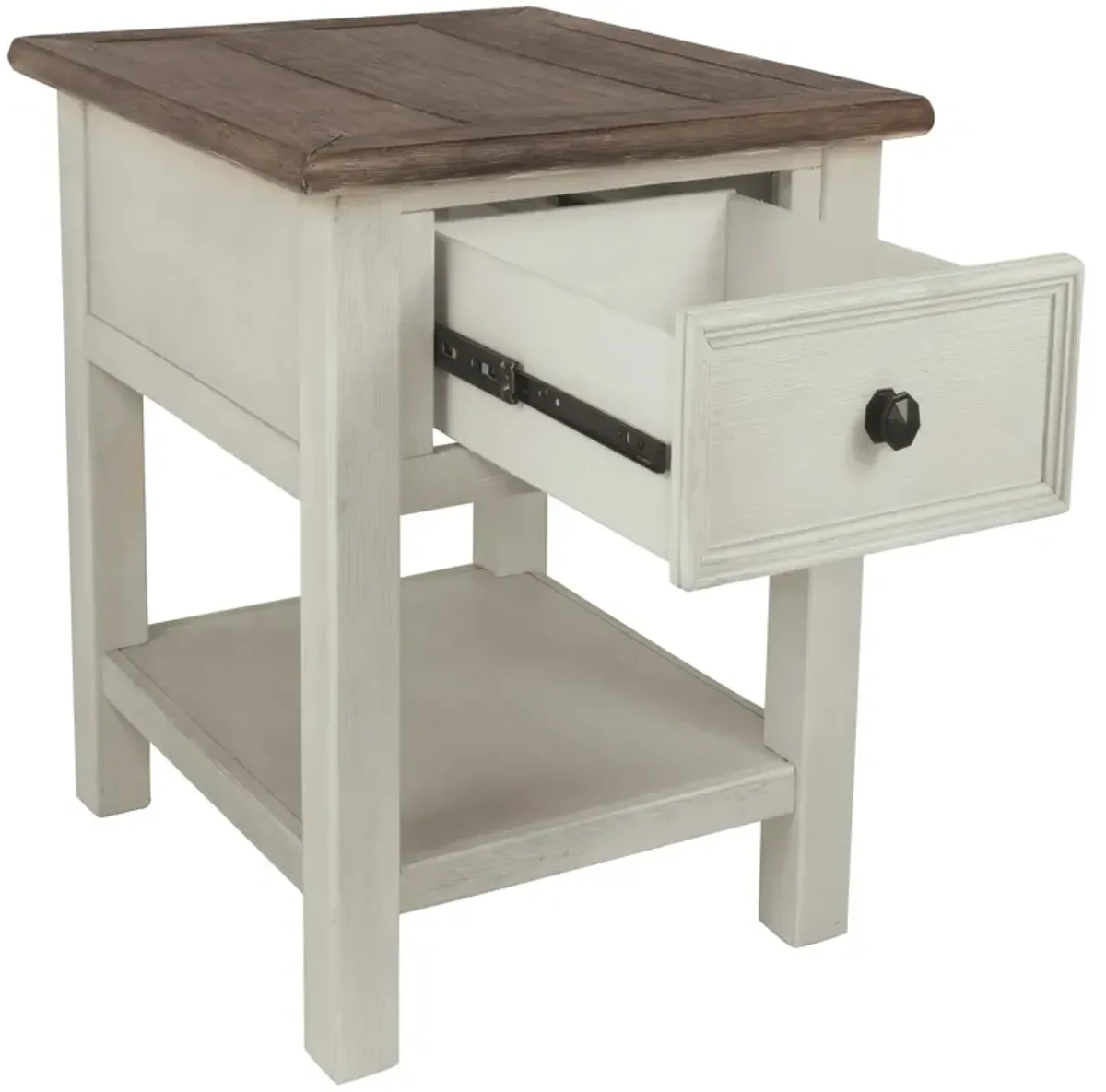 Chair Side End Table with 1 Cabinet and Pull Out Tray, White and Brown-Benzara