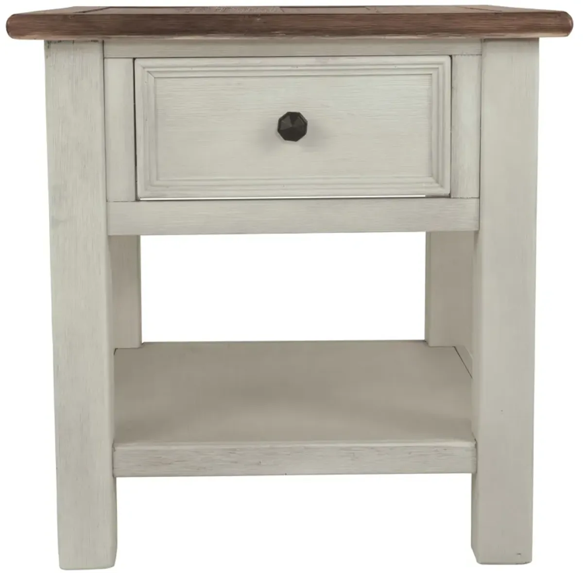 Chair Side End Table with 1 Cabinet and Pull Out Tray, White and Brown-Benzara