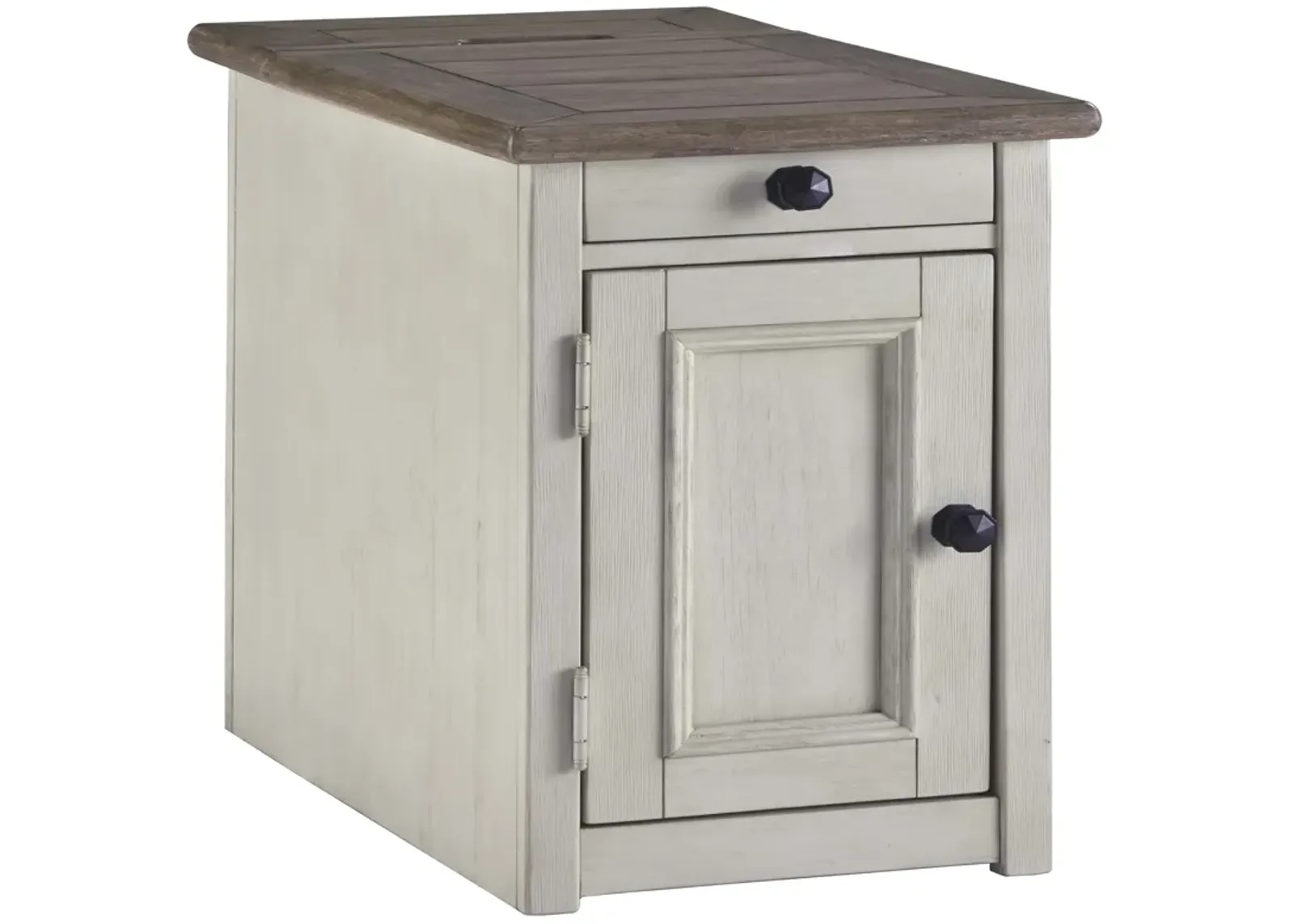 Chair Side End Table with 1 Cabinet and Pull Out Tray, White and Brown-Benzara