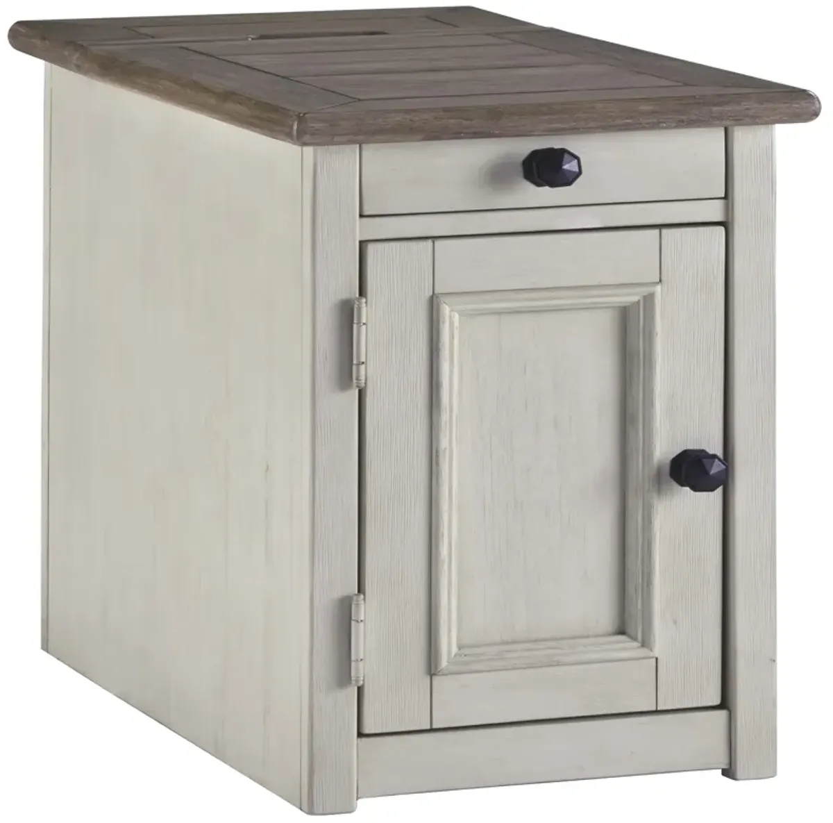 Chair Side End Table with 1 Cabinet and Pull Out Tray, White and Brown-Benzara