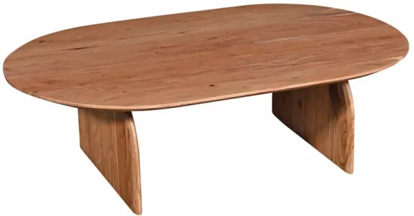 Sosi Coffee Table, 51 Inch Oval Top, Panel Legs, Natural Brown Acacia Wood - Benzara
