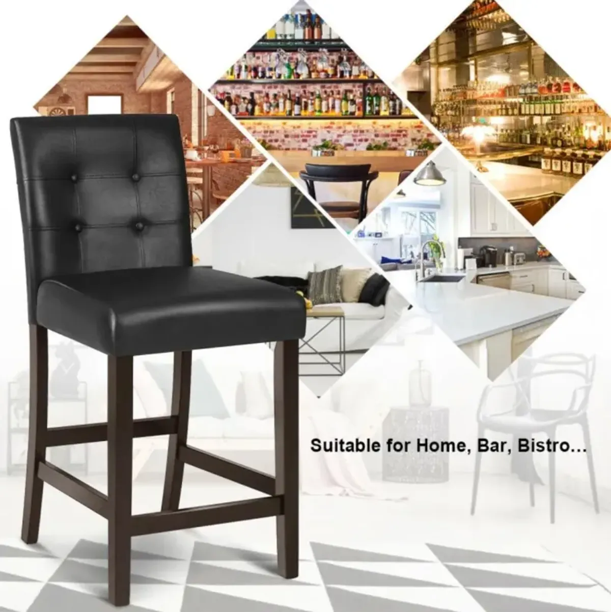 Hivvago Set of 2 PVC Leather Bar Stools with Solid Wood Legs