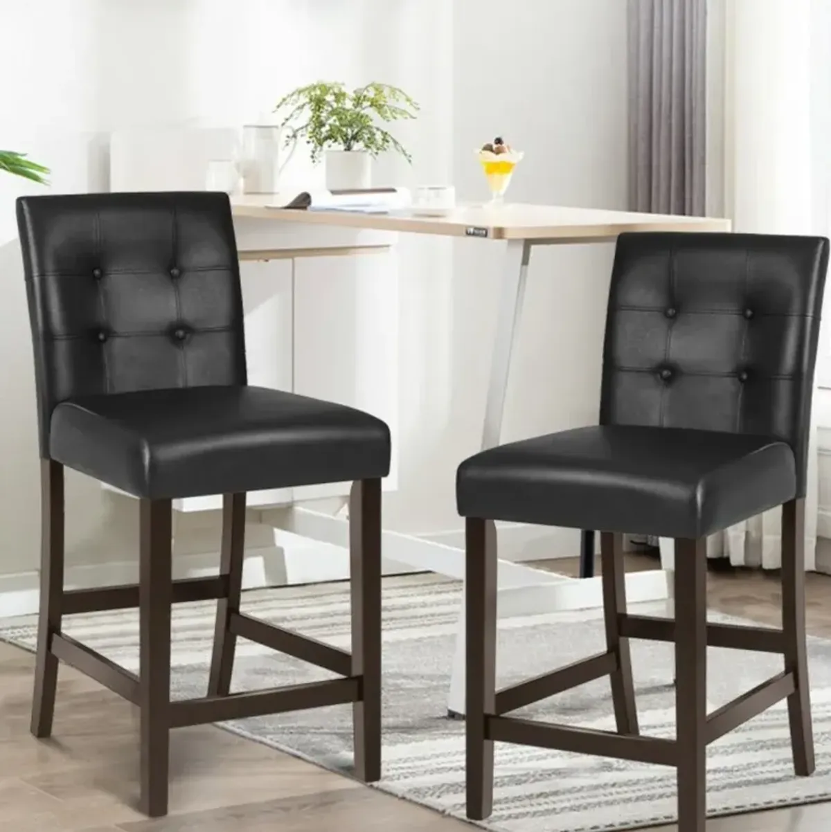 Hivvago Set of 2 PVC Leather Bar Stools with Solid Wood Legs