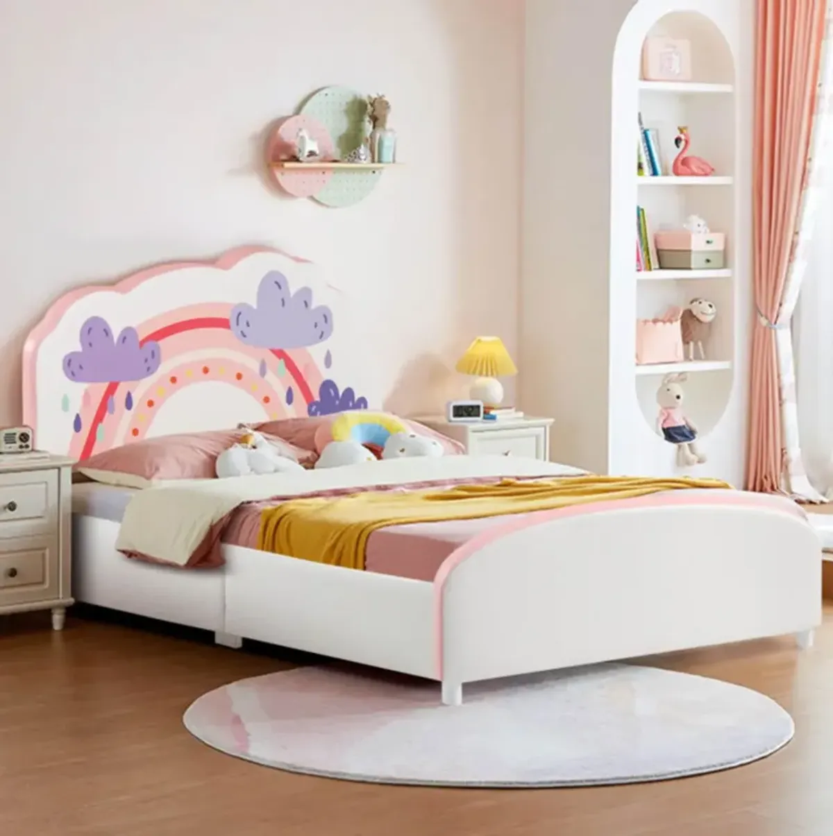 Hivvago Kids Twin Size Upholstered Platform Wooden Bed with Rainbow Pattern