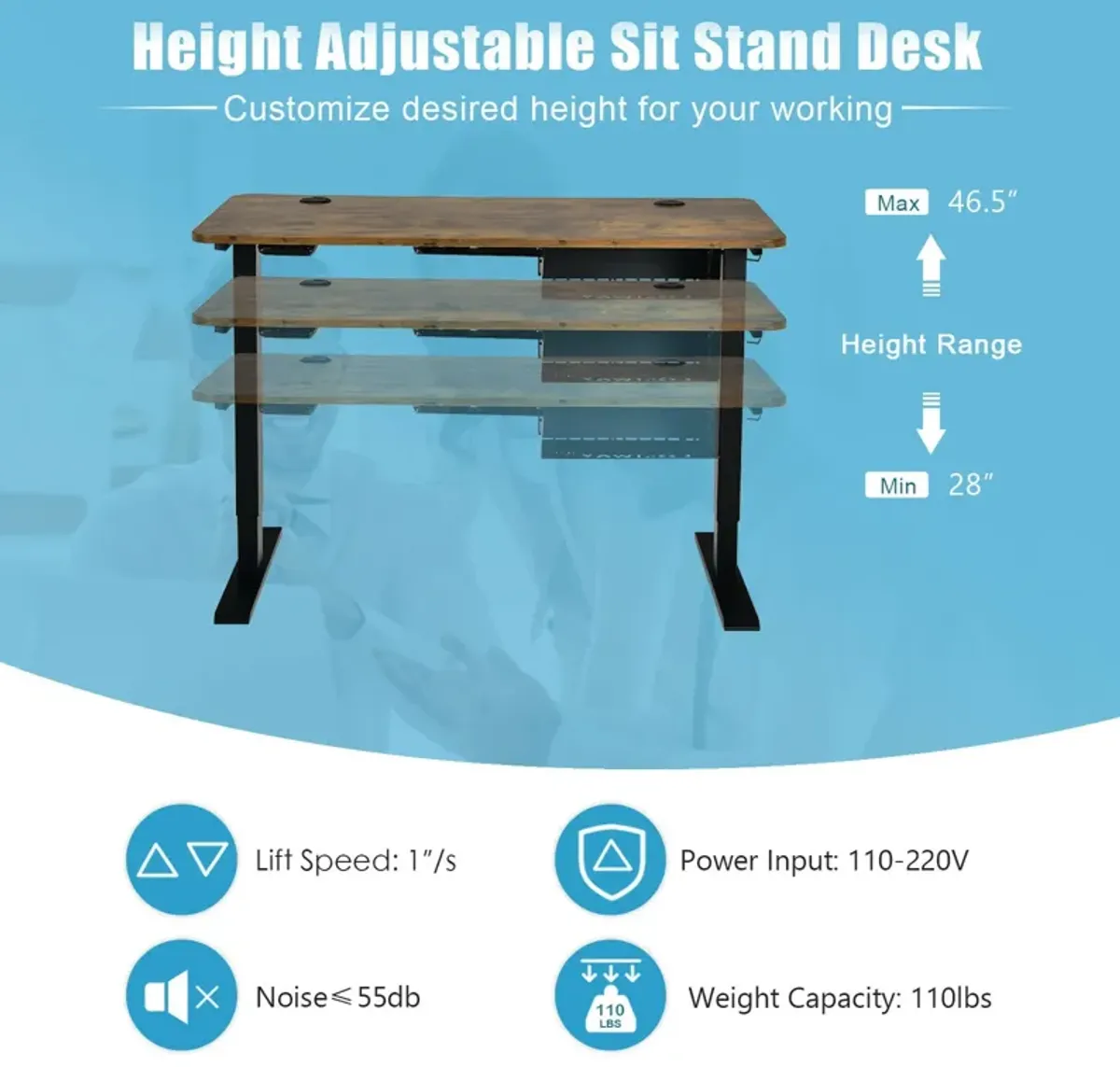 48-inch Electric Height Adjustable Standing Desk with Control Panel