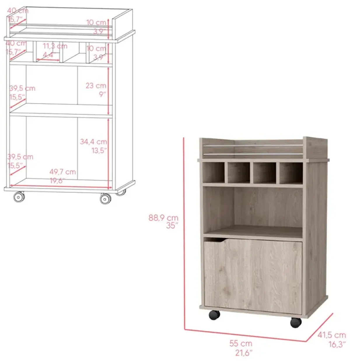 Bar Cart Kinsley, Living Room, Light Pine