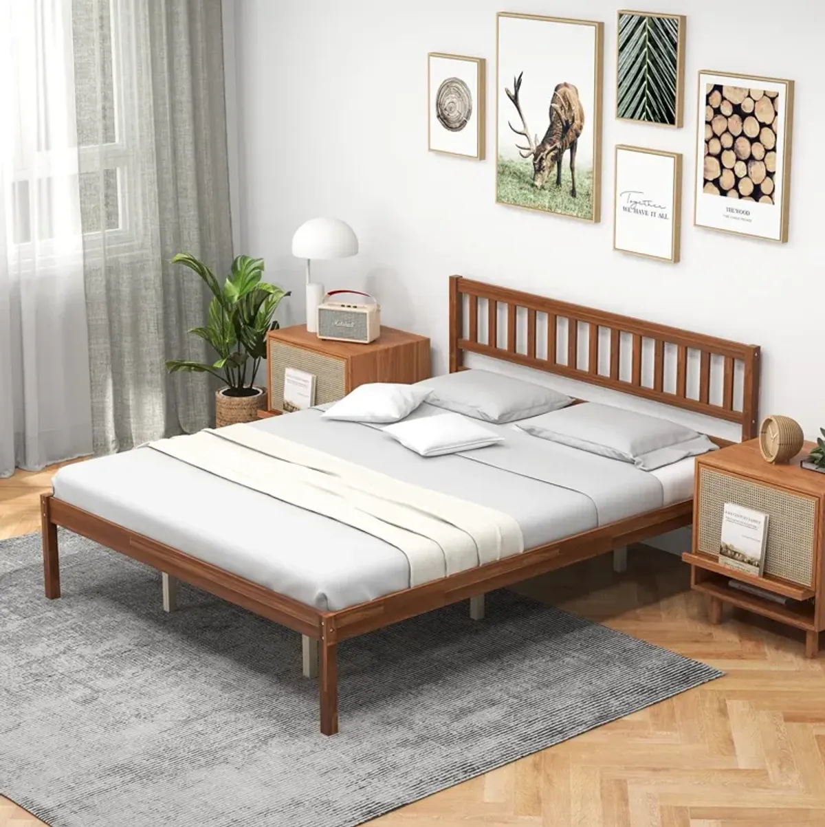 Queen Size Wood Bed Frame with Headboard and Slat Support-Queen Size