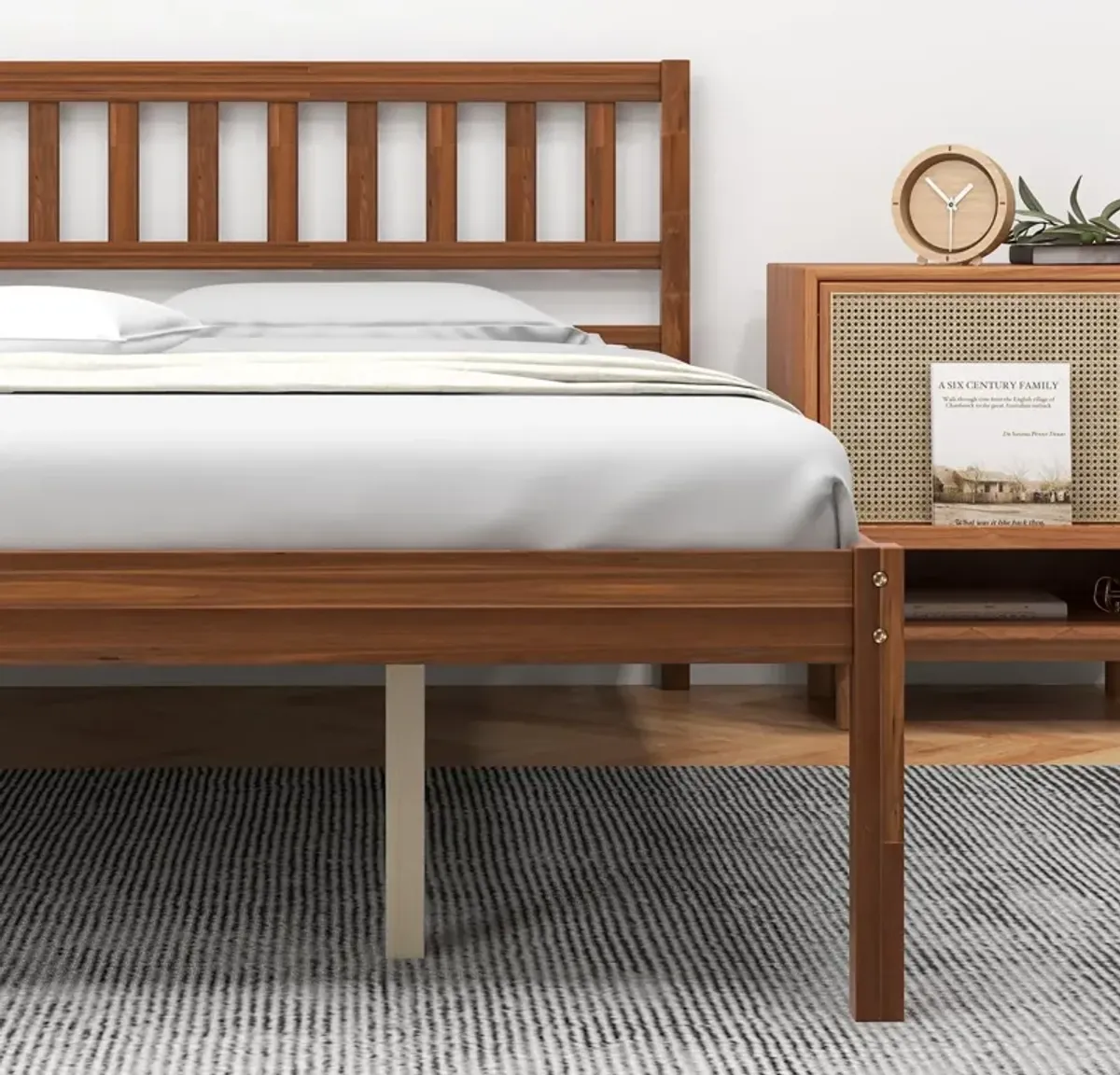 Queen Size Wood Bed Frame with Headboard and Slat Support-Queen Size