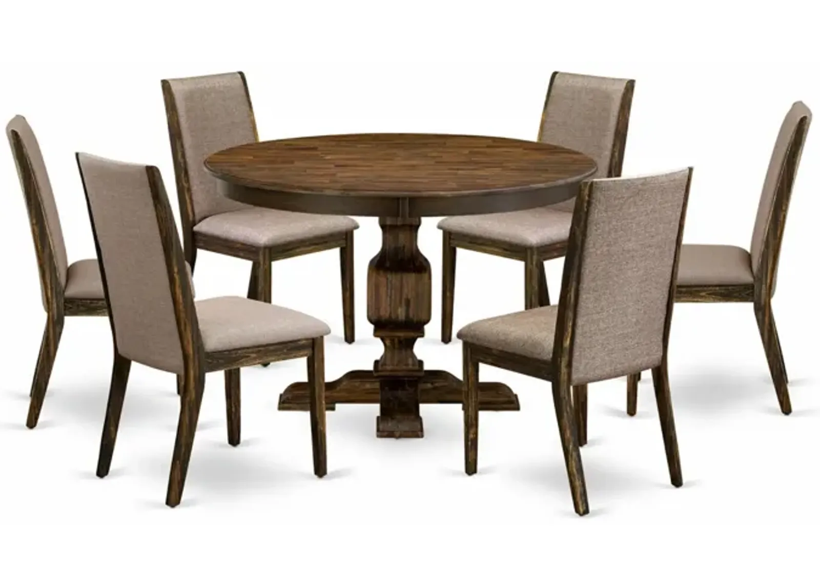 East West Furniture F3LA7-716 7Pc Dining Set - Round Table and 6 Parson Chairs - Distressed Jacobean Color