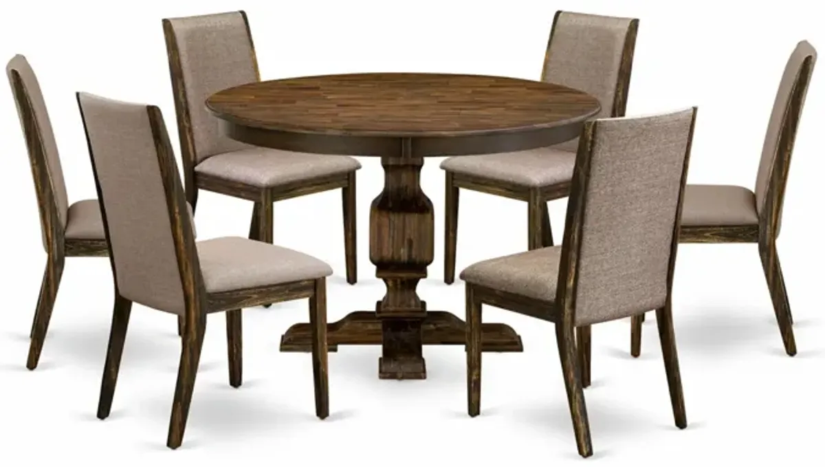 East West Furniture F3LA7-716 7Pc Dining Set - Round Table and 6 Parson Chairs - Distressed Jacobean Color